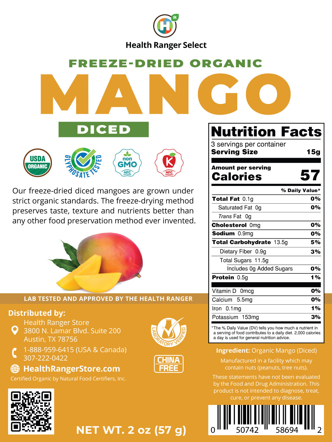 Organic Freeze-Dried Mango Diced 2 oz (57g) (Best Before Date: Sept 10, 2026)