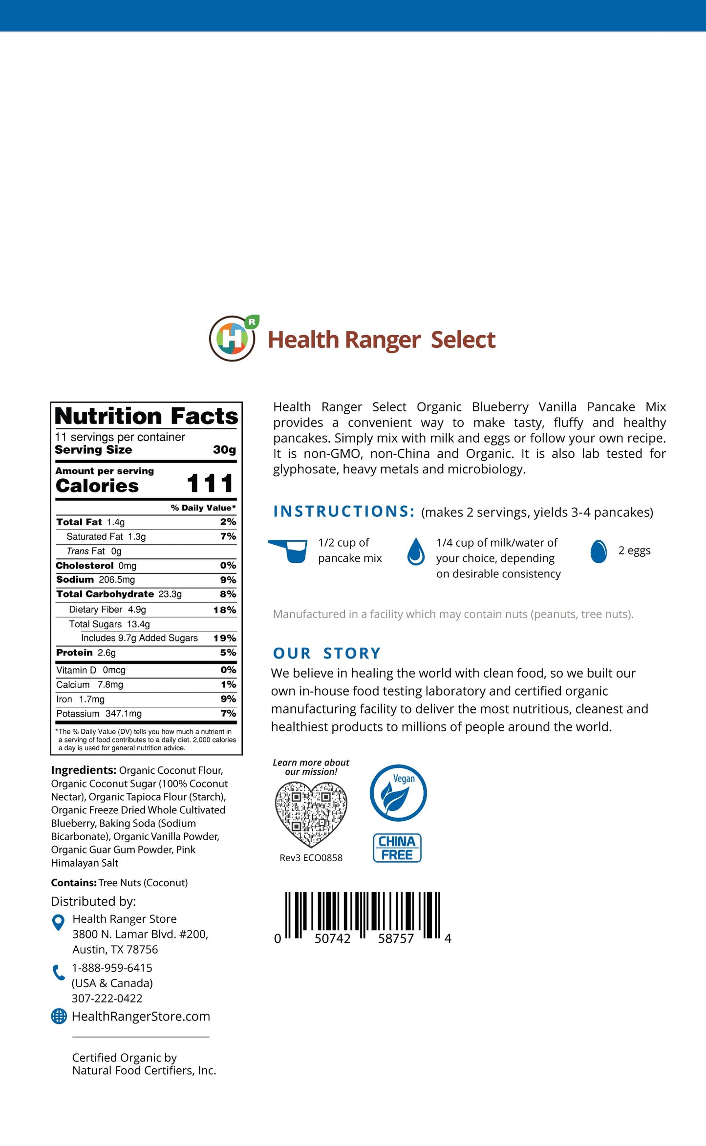 Gluten Free Organic Blueberry Vanilla Pancake Mix 12 oz (340g)