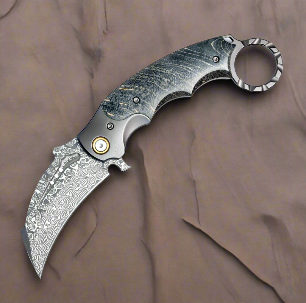 Falcon Japanese Damascus Pocket Knife with Exotic Stained Maple Burl Handle