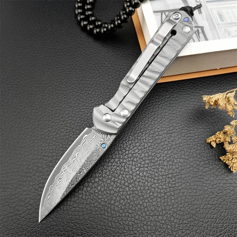 Diamond Japanese EDC Pocket Knife with VG10 Damascus Blade, Titanium Handle & Sheath
