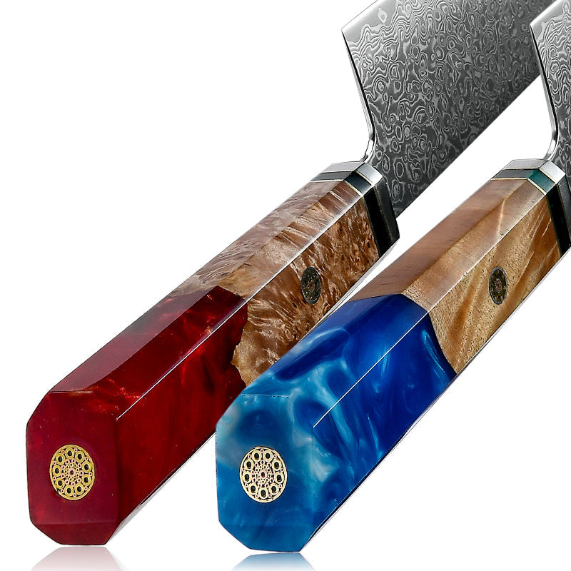 Legacy Japanese Knife Set with VG-10 Damascus Steel Blades & Exotic Olive Burl Wood & Resin Handle