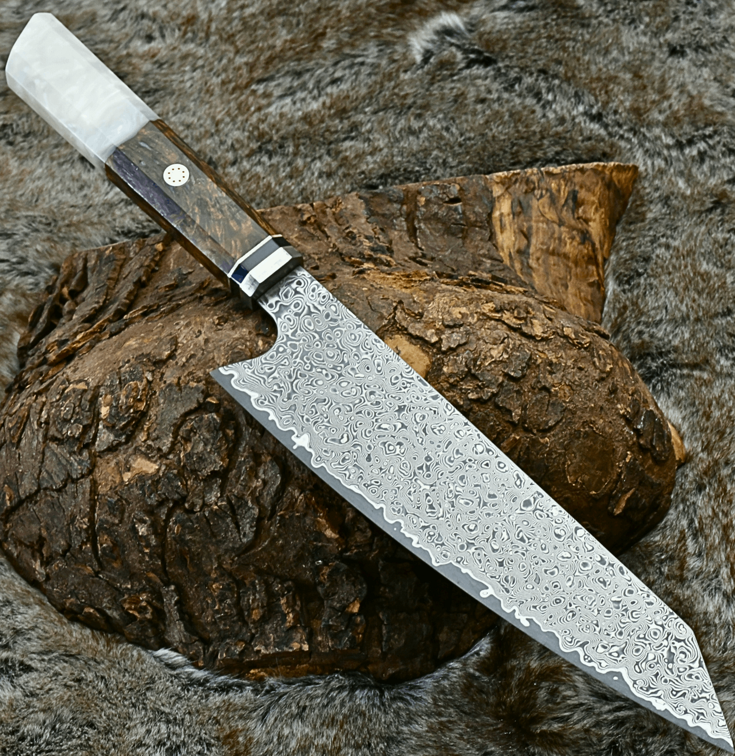 Aurora Japanese Chef Knife with Exotic Olive Burl Wood & Mother of Pearl Handle