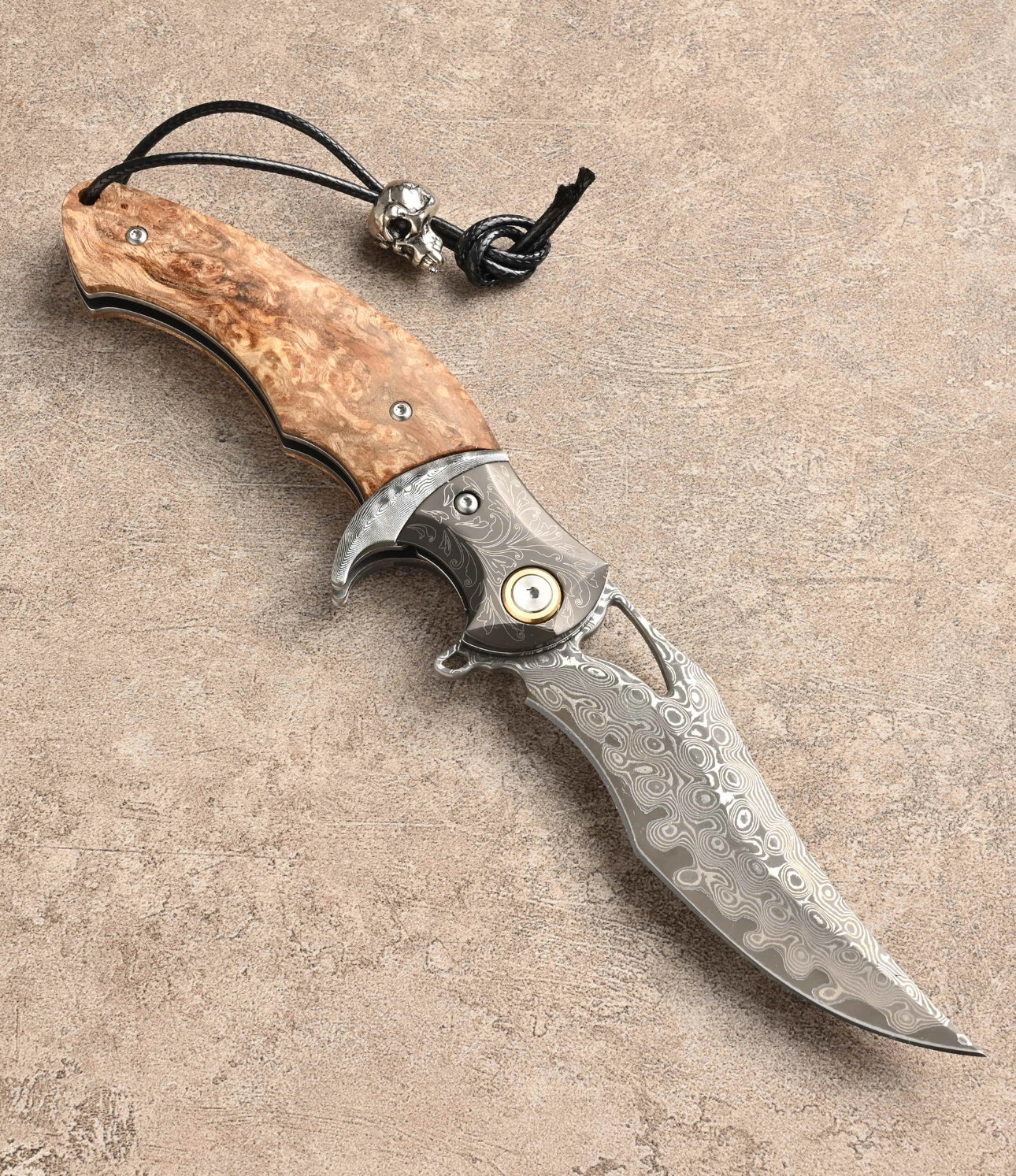 Crest Japanese Damascus Pocket knife with Maple Burl Handle