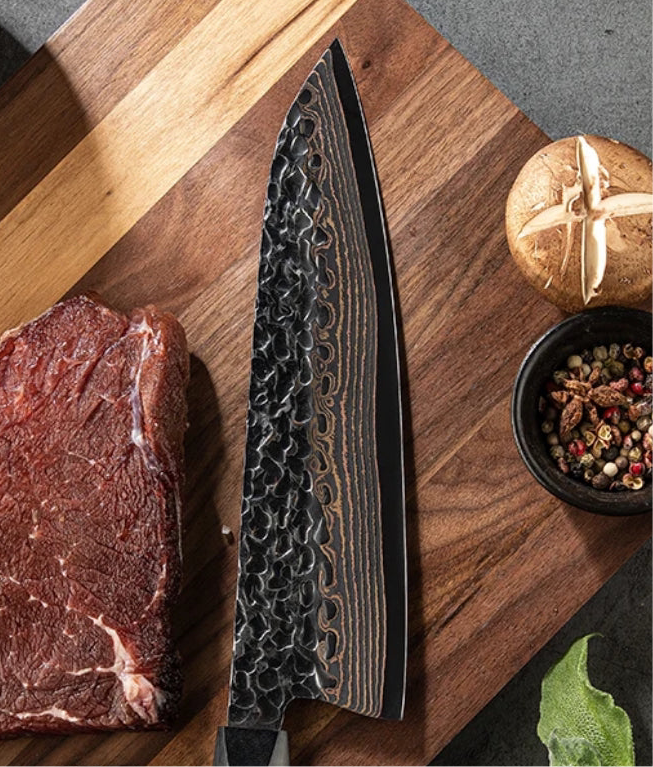 Majestic Japanese Copper Damascus Chef Knife with Rare Raffir Noble Handle Handle