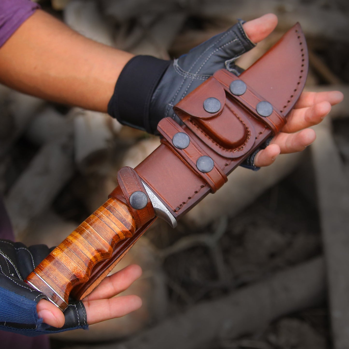 Brute Damascus Steel Bowie Knife with Stacked Leather Handle