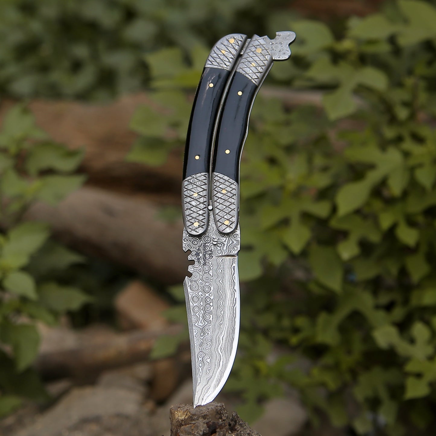 Lunar Damascus Butterfly Knife with Bull Horn Handle