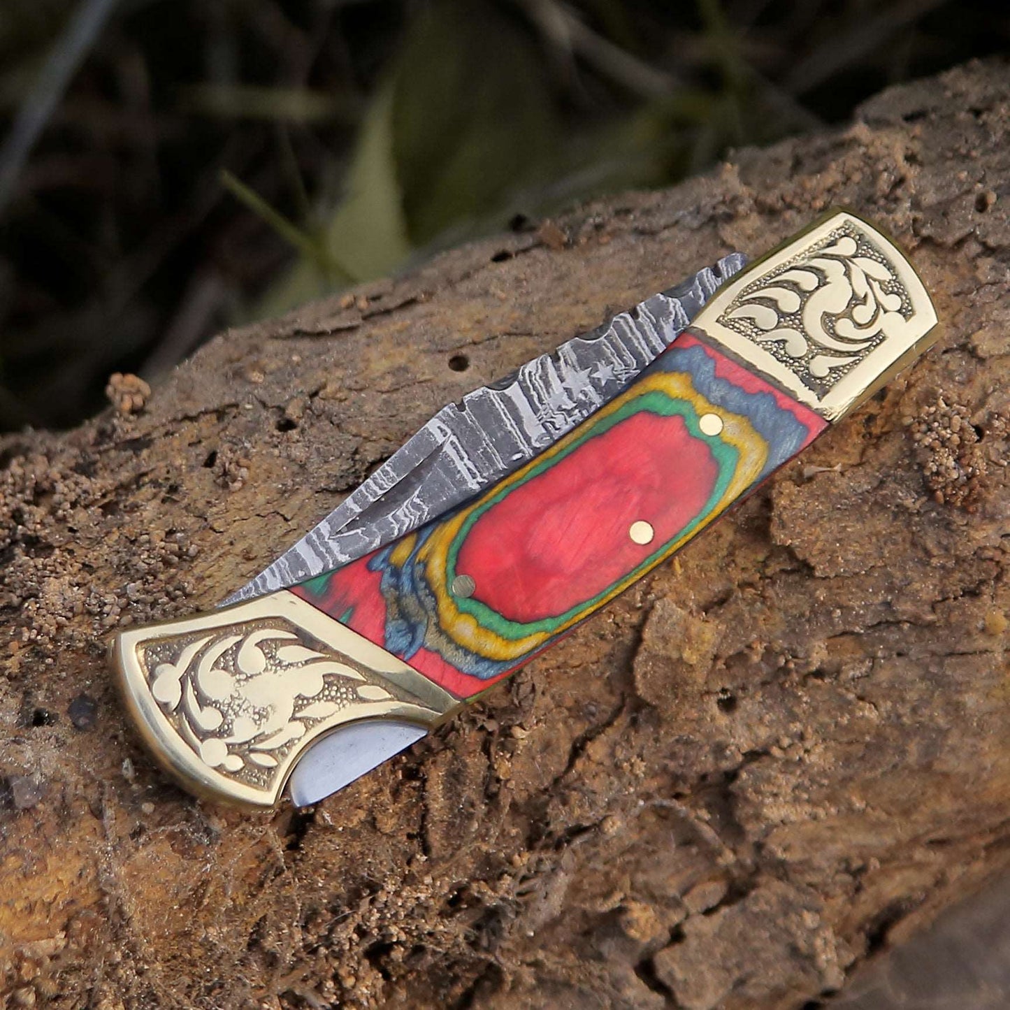 Expedition Damascus Folding Pocket Knife with Pakka Wood Handle