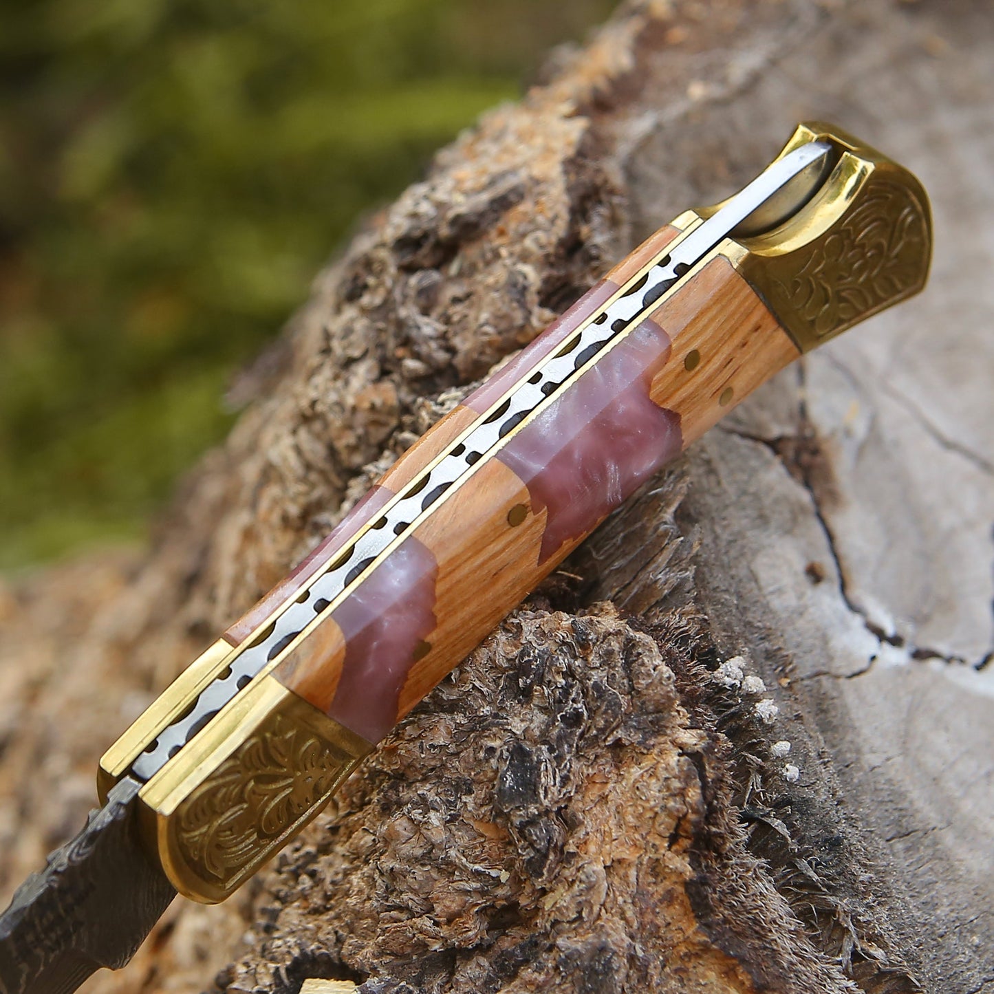 Boltedge Handmade Damascus Pocket Knife with Leather Sheath & Exotic Olive Wood