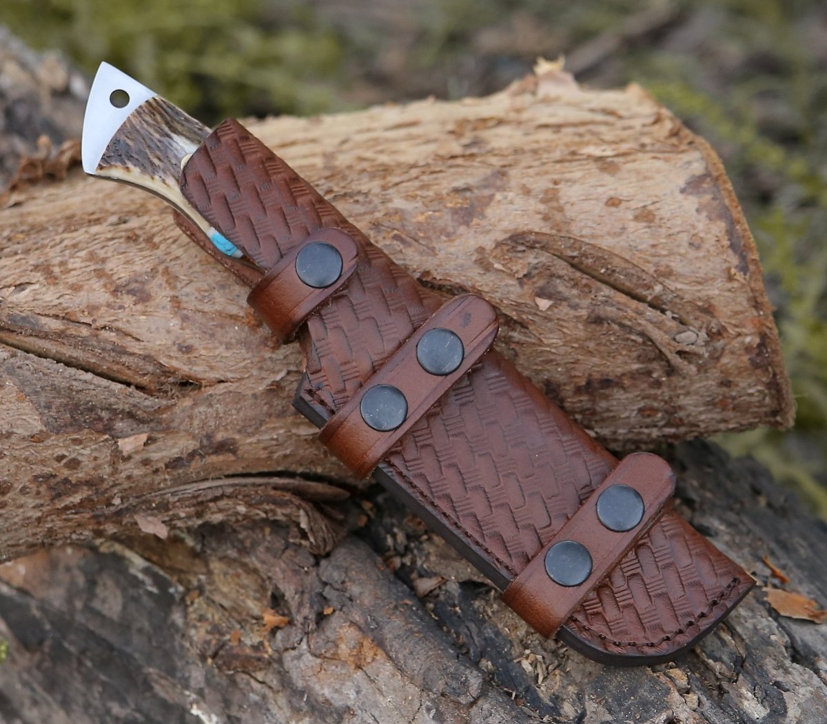 Thunder Damascus Gut Hook Knife with Stag Horn, Wenge Wood & Turquoise Handle