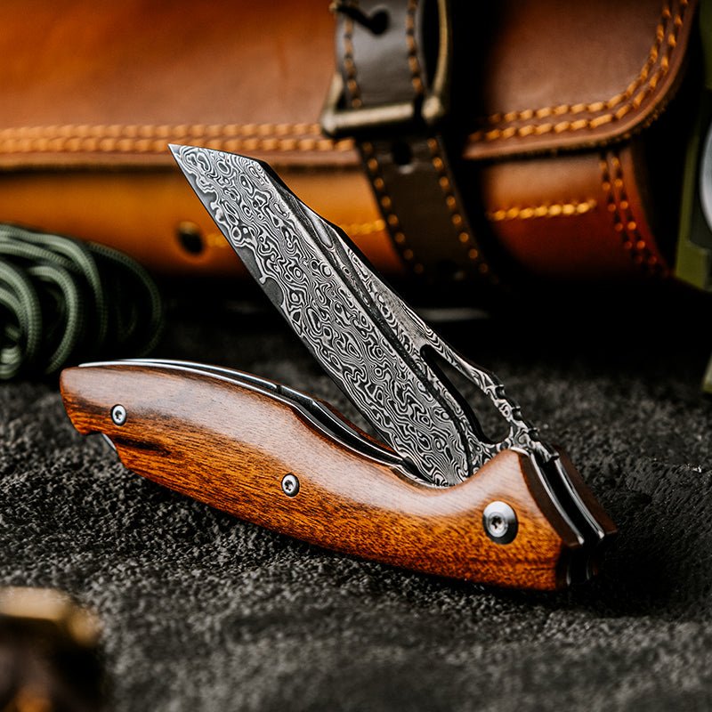 Vengeance Damascus Pocket Knife with Exotic Red Sandalwood Handle