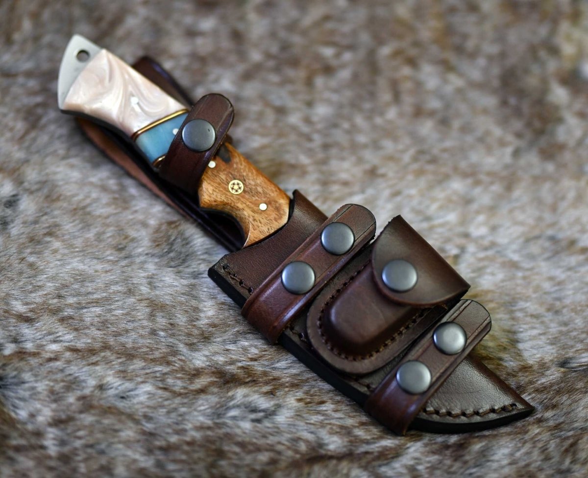 Voyager Damascus Gut Hook Knife with Exotic Rose Wood and Mother of Pearl Handle