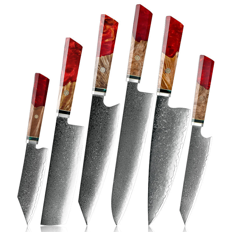 Fury Knife Set 6 Piece VG10 Damascus Steel with Exotic Maple Burl Wood & Resin Handle