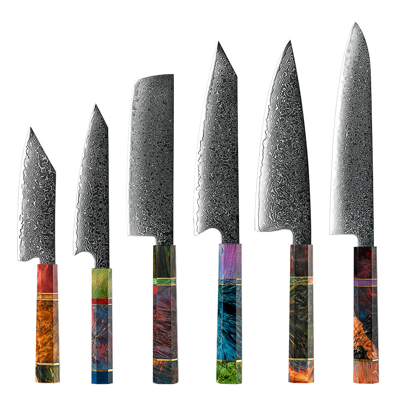 Spectrum Knife Set 6 Piece VG10 Damascus Steel with Exotic tie-dye-Stained Olive Burl Wood Handle