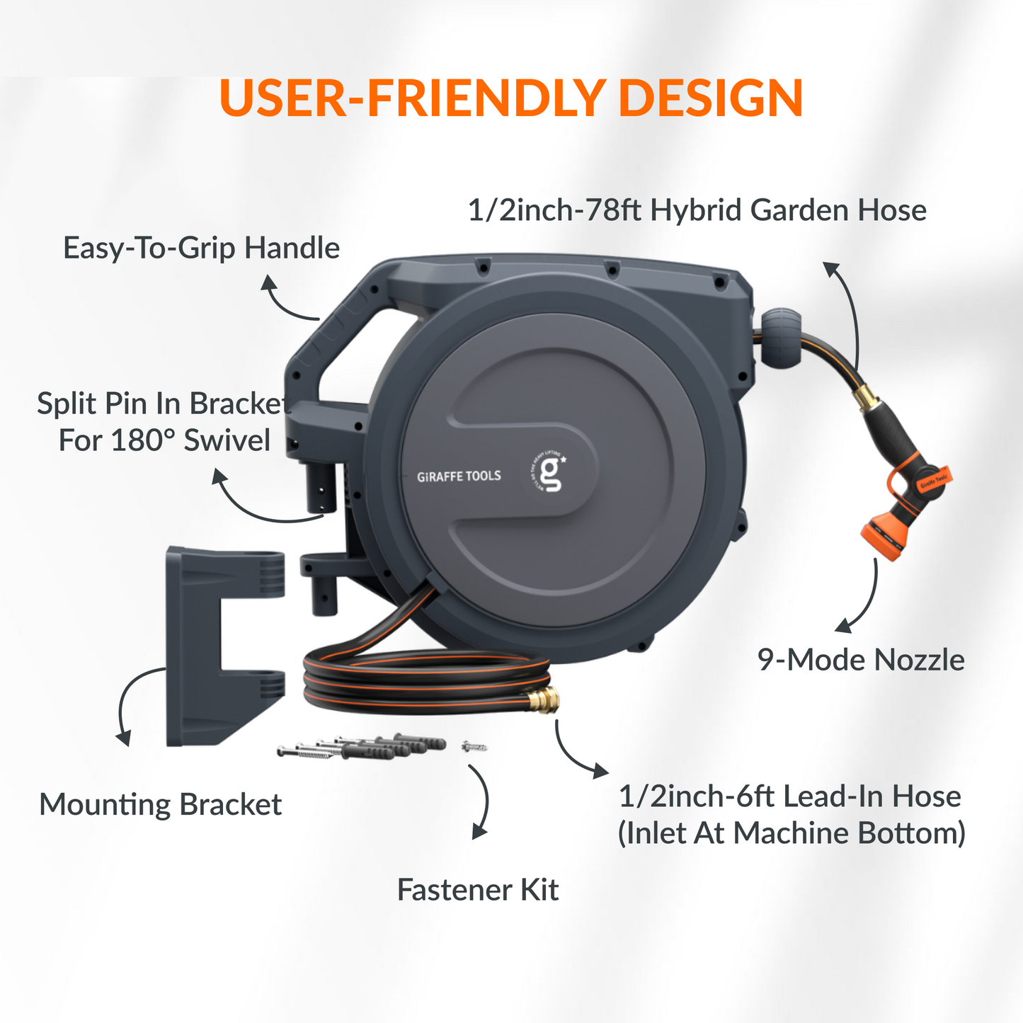 Giraffe Tools Retractable Garden Hose Reel-1/2in-78ft