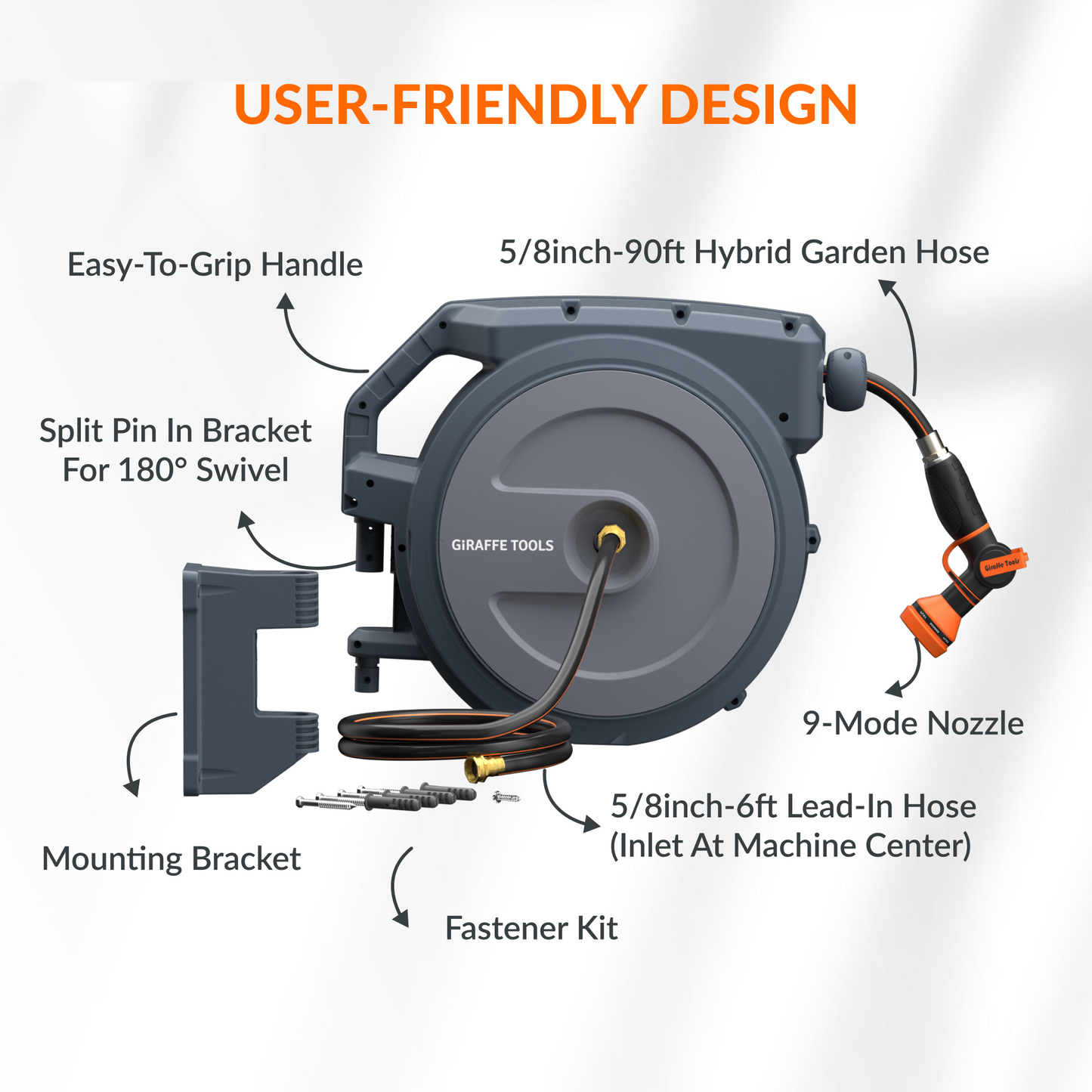 Giraffe Tools Retractable Garden Hose Reel-5/8in-90ft