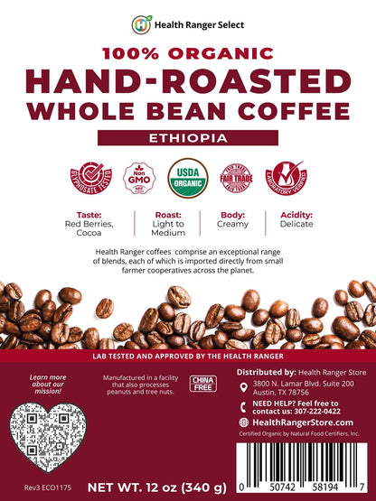 100% Organic Hand-Roasted Whole Bean Coffee (Ethiopia) 12oz, 340g
