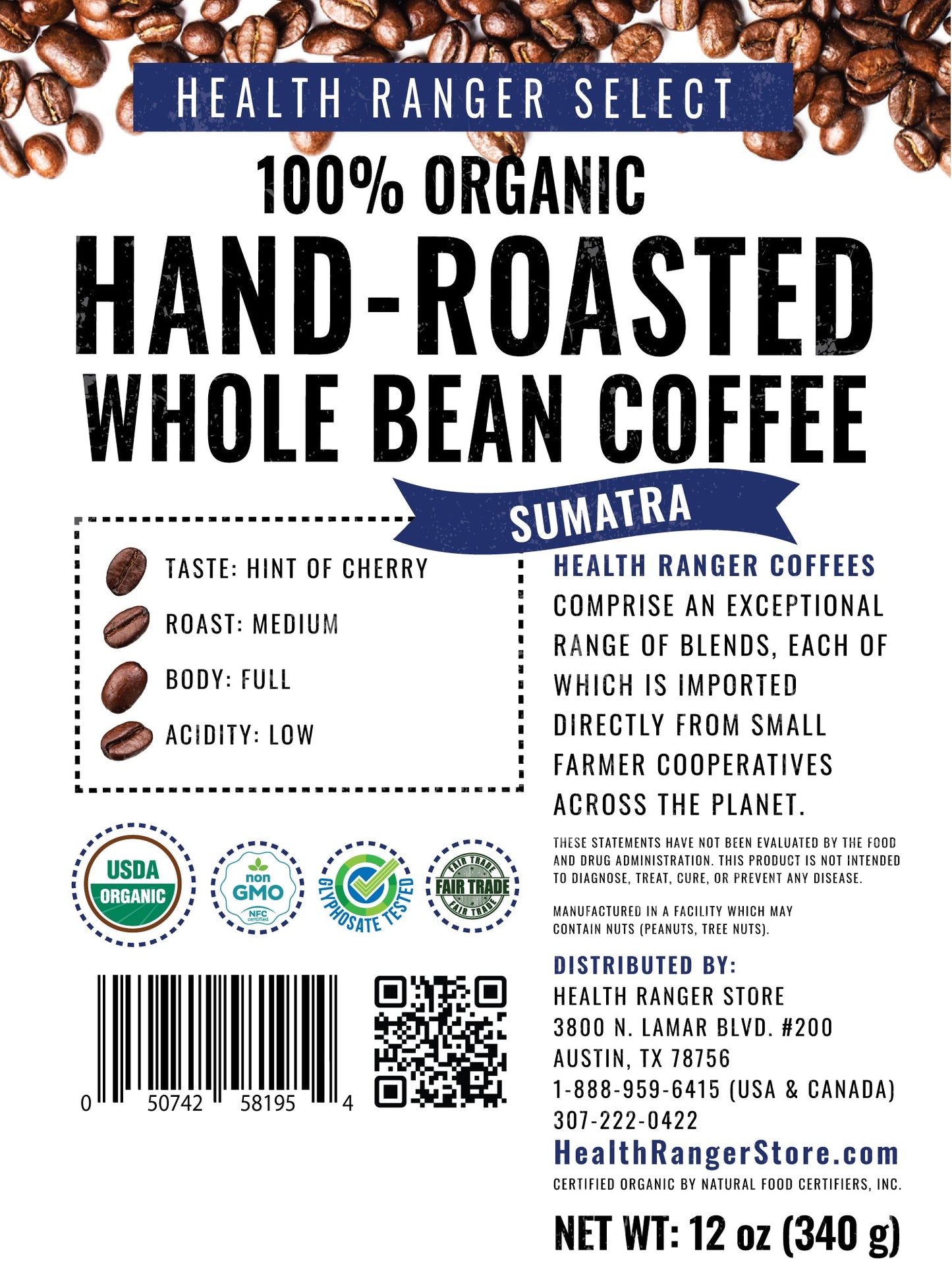 100% Organic Hand-Roasted Whole Bean Coffee (Sumatra) 12oz, 340g