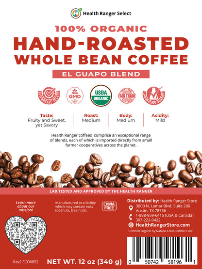 100% Organic Hand-Roasted Whole Bean Coffee (El Guapo Blend) 12oz, 340g