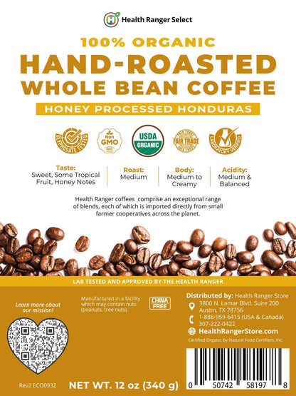 100% Organic Hand-Roasted Whole Bean Coffee (Honey Processed Honduras) 12oz, 340g