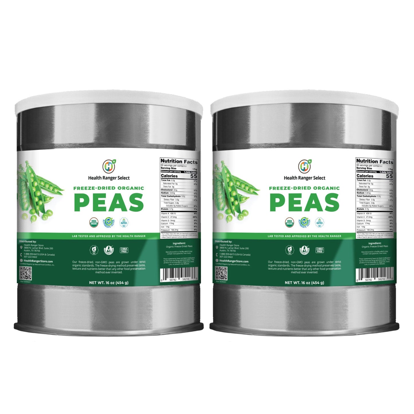Freeze Dried Organic Peas (16oz, #10 can) 454g (2-Pack)