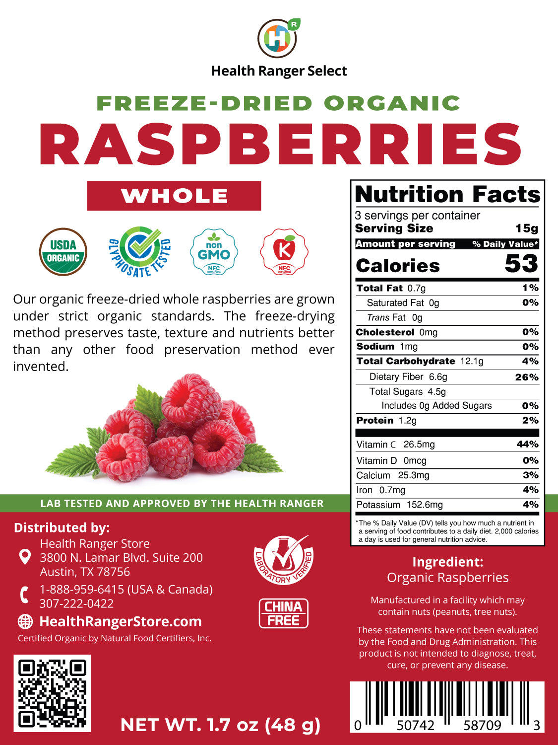 Organic Freeze-Dried Whole Raspberries 1.7 oz (48g)