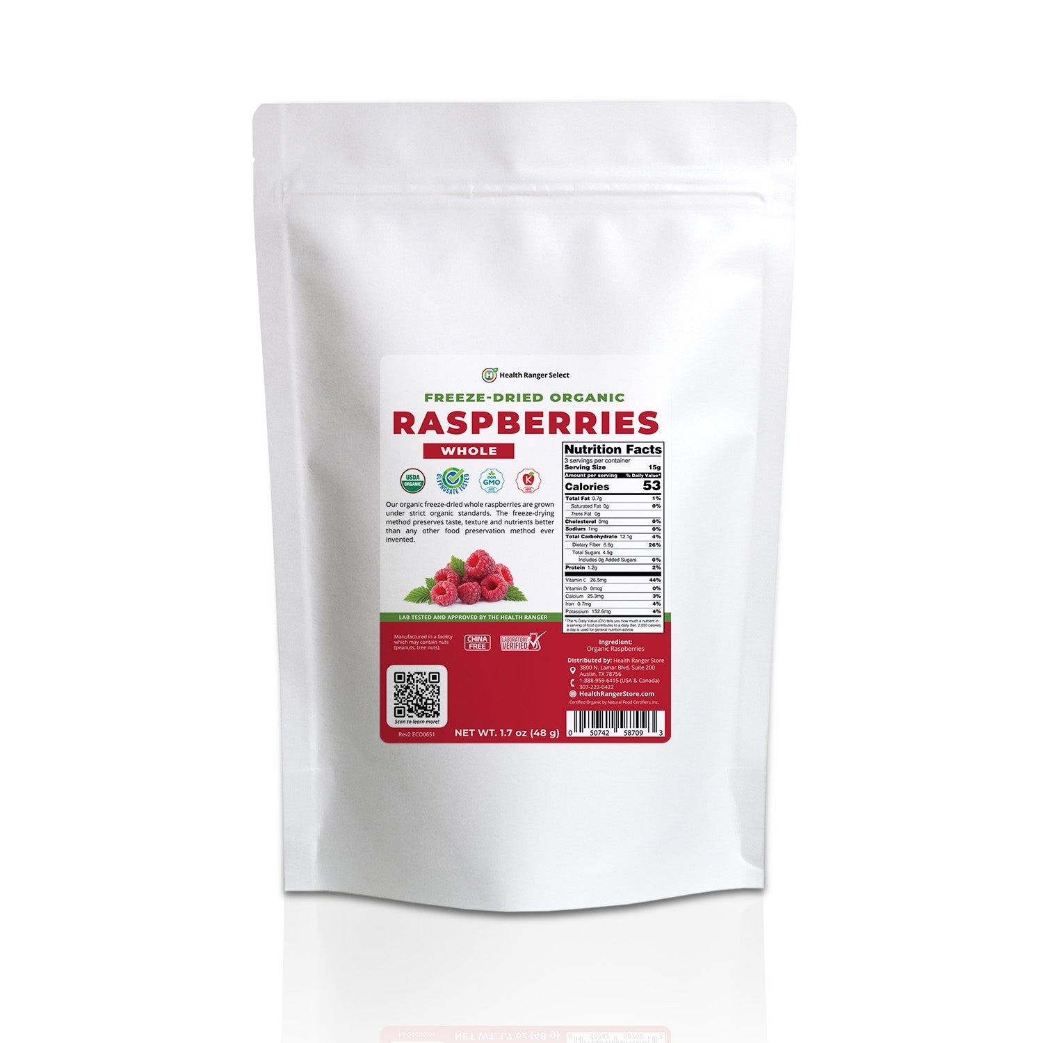 Organic Freeze-Dried Whole Raspberries 1.7 oz (48g) – RackUp+Go