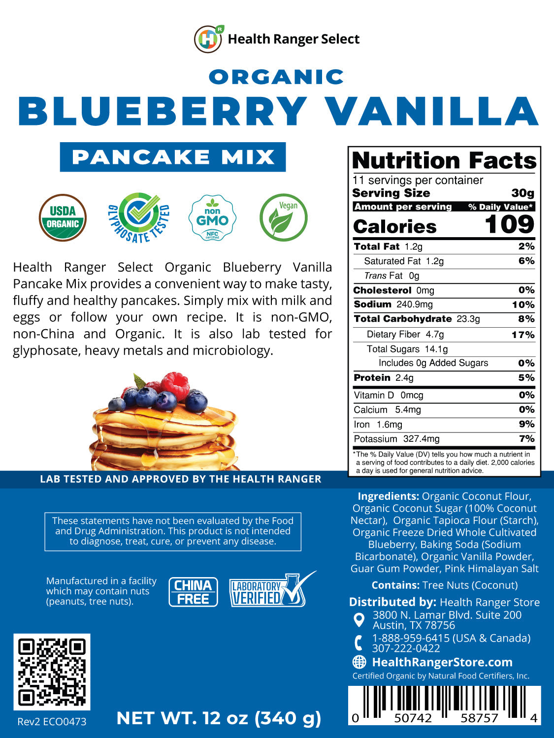 Gluten Free Organic Blueberry Vanilla Pancake Mix 12 oz (340g)