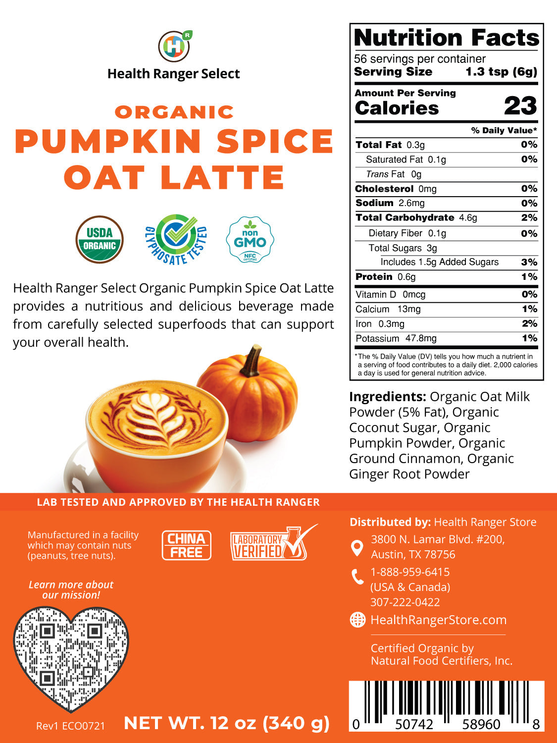 Organic Pumpkin Spice Oat Latte 12oz (340g)