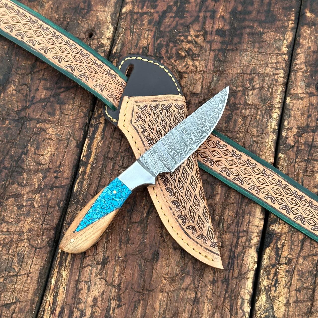 Canyon Damascus Skinner Knife with Hand tooled Sheath & Belt