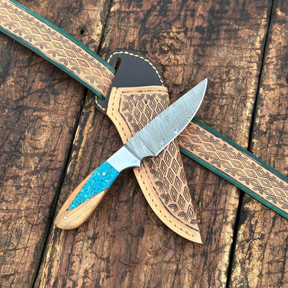 Canyon Damascus Skinner Knife with Hand tooled Sheath & Belt