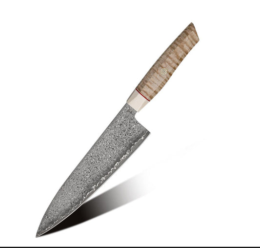 Luxe Japanese Damascus Chef Knife with Exotic Curly Maple Burl Wood Handle