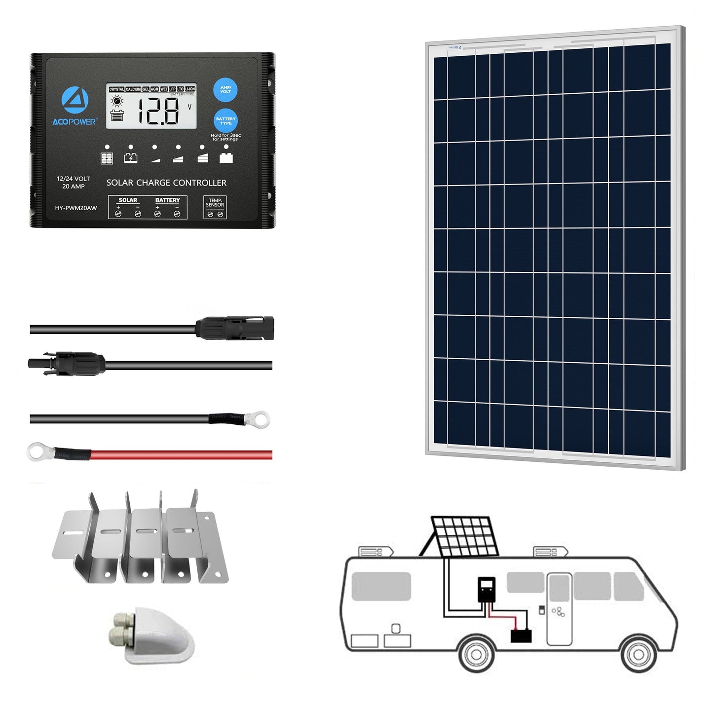 ACOPOWER 12V Polycrystalline Solar RV Kits + MPPT / PWM Charge Controller