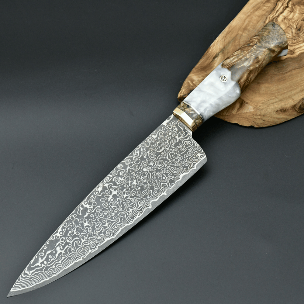 Shinobi VG10 Chef Knife with Exotic Olive Wood & Mother of Pearl Handle