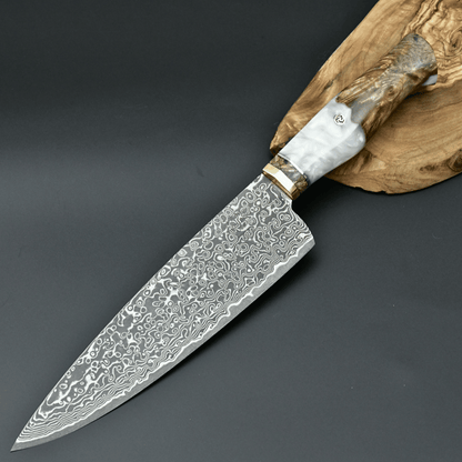 Shinobi VG10 Chef Knife with Exotic Olive Wood & Mother of Pearl Handle