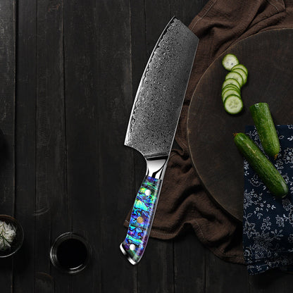 Ronin VG10 Damascus Cleaver Knife with Exotic Abalone Shell Composite Handle