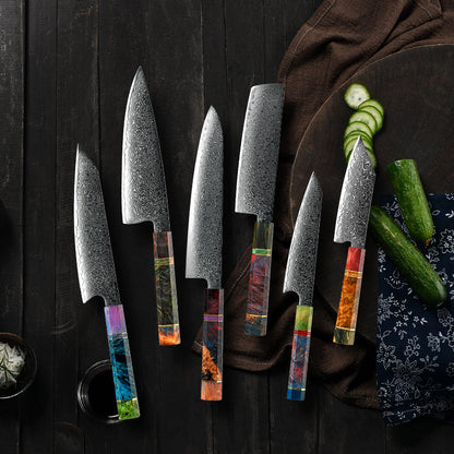 Spectrum Knife Set 6 Piece VG10 Damascus Steel with Exotic tie-dye-Stained Olive Burl Wood Handle
