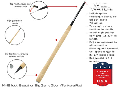 Tenkara Zoom Fly Fishing Kit, 14-16ft Big Game Rod | Wild Water Fly Fishing