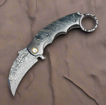 Falcon Japanese Damascus Pocket Knife with Exotic Stained Maple Burl Handle