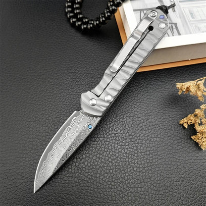 Diamond Japanese EDC Pocket Knife with VG10 Damascus Blade, Titanium Handle & Sheath