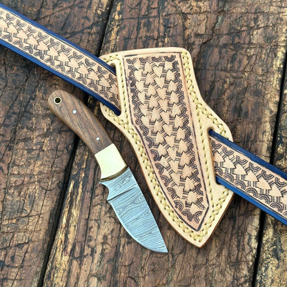 Desert Moon Handmade Damascus Skinner Knife with Handtooled Sheath & Belt