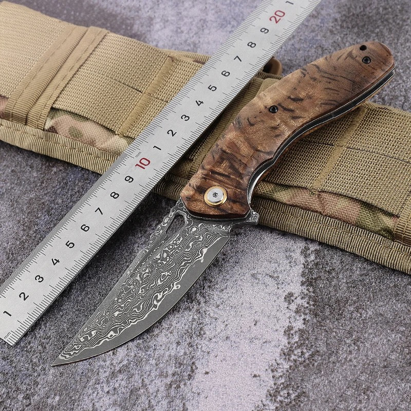 Tomahawk Damascus Pocket Knife with Clip and Exotic Olive Wood Handle