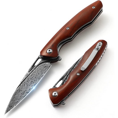 Quicksilver Handmade Japanese Damascus Pocket Knife with Exotic Red Sandalwood Handle