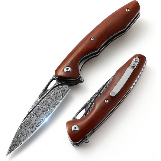 Quicksilver Handmade Japanese Damascus Pocket Knife with Exotic Red Sandalwood Handle