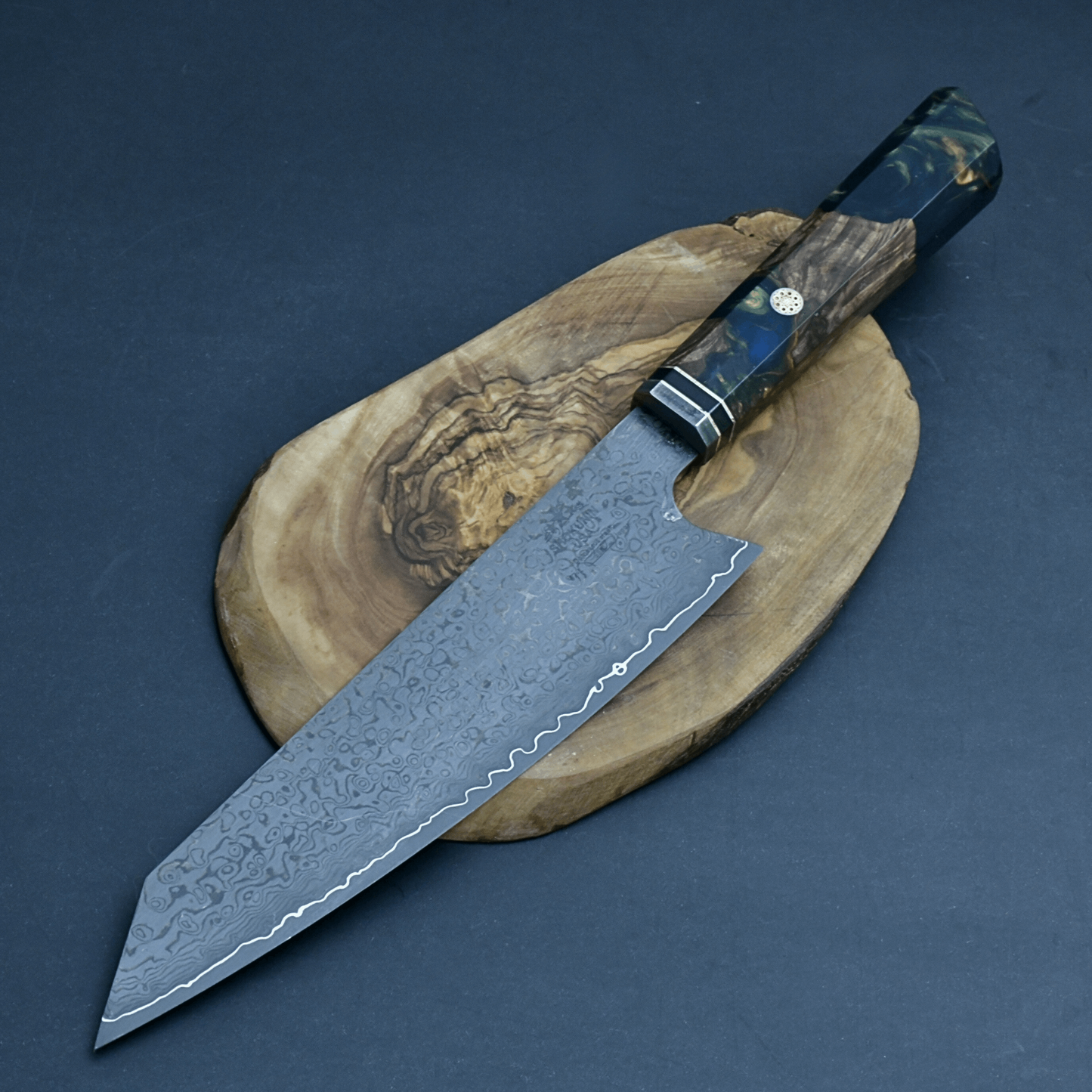 Aurora Japanese Chef Knife with Exotic Olive Burl & Emerald Green Pearl Resin Handle