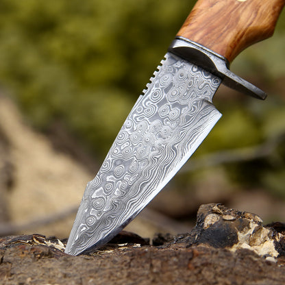 Outrider Damascus Custom Hunting Knife with Exotic Olive Wood Handle