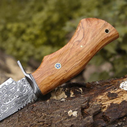 Outrider Damascus Custom Hunting Knife with Exotic Olive Wood Handle