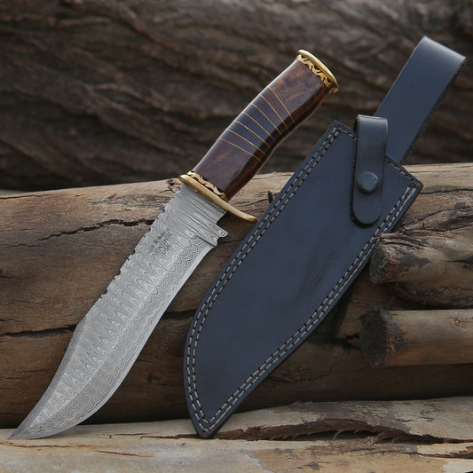 Surge Damascus Bowie Knife with Rosewood Mosaic Handle
