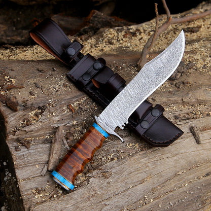 Envoy Damascus Hunting Knife with Stacked Leather Handle