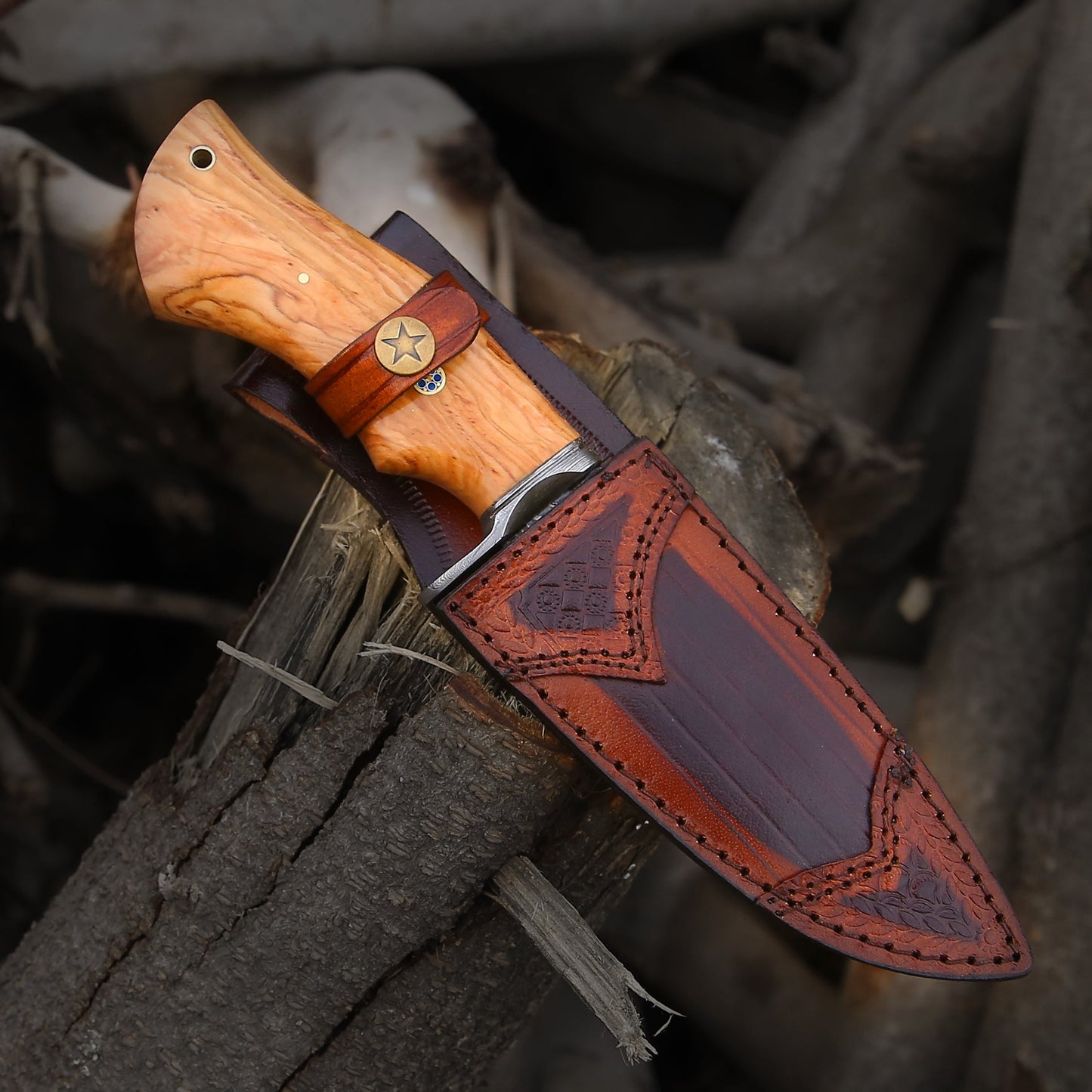 Outrider Damascus Custom Hunting Knife with Exotic Olive Wood Handle