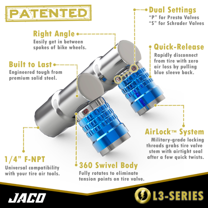 Lightning™ L3-Series Bike Tire Air Chuck - 1/4" F-NPT (Presta + Schrader Valves) | Open Flow (2 Pack)